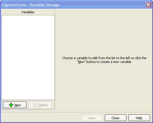 Variable storage dialog. Click the new button at the bottom to add a variable to the list.